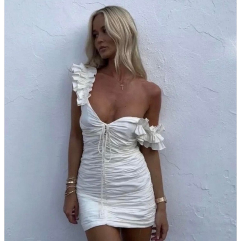 Zara White‎ Ruched Ruffle Mini Dress Lace Up Front Sleeveless large